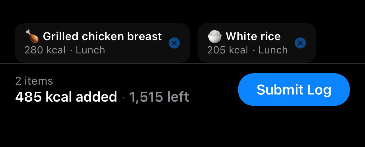 CalorieBot: meals logged from chat, 485 kcal added