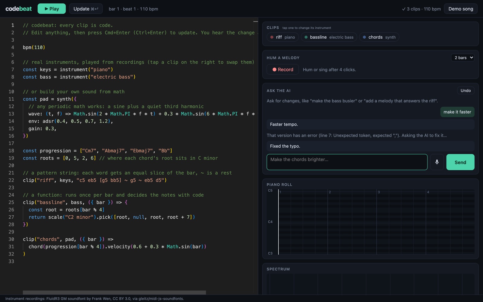 codebeat: music code with an AI assistant fixing its own error