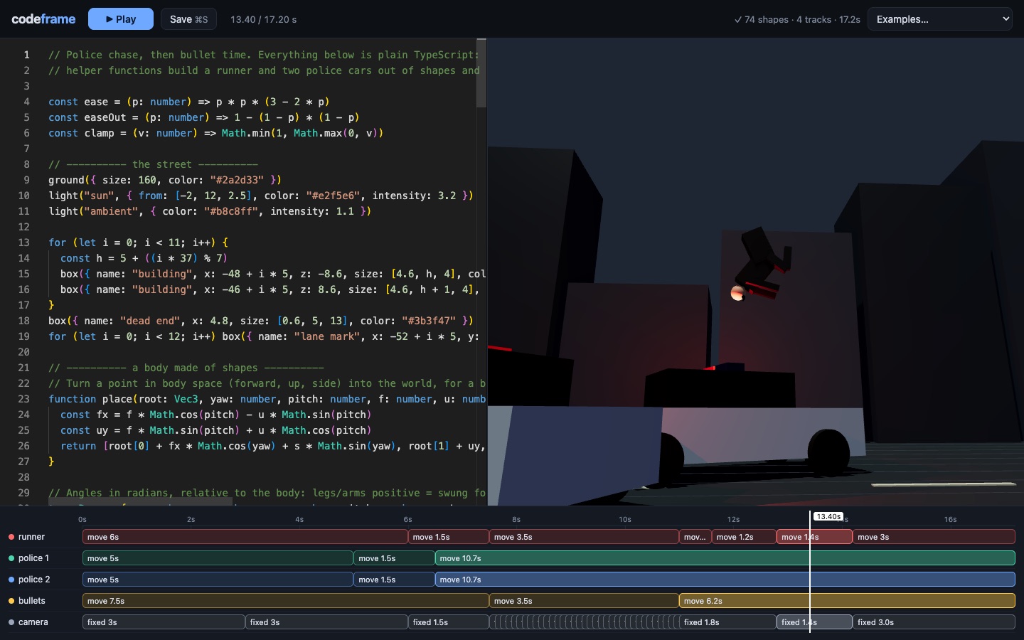 codeframe: TypeScript code beside a 3D chase scene and timeline